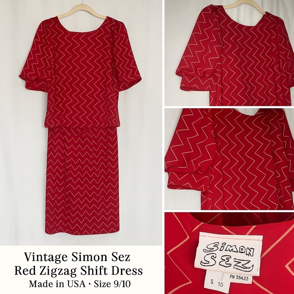 Vintage Simon Sez Dress Medium, Red Chevron Blouson Knee Length, Made in USA 🇺🇸